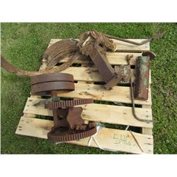 PALLET WITH CULTIVATOR SHOVELS, JOHN DEERE PARTS, STEEL, ETC