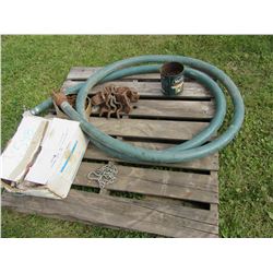 PALLET WITH GREEN HOSE, BOLTS, CHAIN, BRASS VALVES, ETC