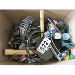 BOX WITH ASSORTED TOOLS (HAMMERS, WIRE, VISE GRIPS, WRENCHES, ETC)