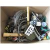 Image 1 : BOX WITH ASSORTED TOOLS (HAMMERS, WIRE, VISE GRIPS, WRENCHES, ETC)