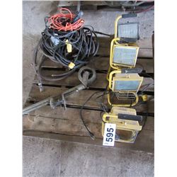 4 HALOGEN LITES, IMPLEMENT JACK, EXTENSION CORDS, HOSE, ETC
