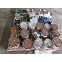 PALLET WITH PAINT, WATER SEALANT, TRAYS, ETC