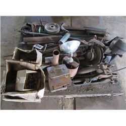 PALLET WITH ANGLE IRON, SQUARE BAR, DRILL, HEATER, BOLTS, ETC