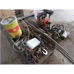 PALLET WITH MODEL S MOTOR, SHACKLES, PRY BAR, STEEL, ETC