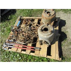 PALLET WITH SLEDGE HAMMER, BOOMERS, HOOKS, WRENCHES, MUFFLERS FOR RUSTON HORNSBY ENGINES, ETC