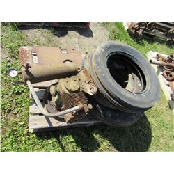 PALLET WITH 3 TRACTOR TIRES, MOTOR, STEEL, ETC