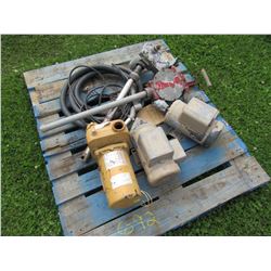 PALLET WITH BARREL PUMPS, HOSES, FUEL PUMPS, ETC