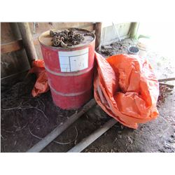 4 METAL BARRELS, CHAIN, ETC