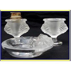 LALIQUE 3PIECE VINTAGE SMOKING SET LION MASKS  #1080095