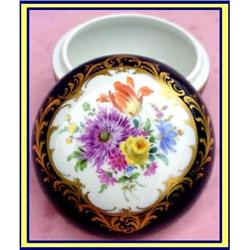 MEISSEN COBALT BLUE GILT HP FLOWERS ROUND BOX #1080125
