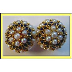 GOLD ENAMEL COBALT BLUE ENAMEL EARRINGS C1940 #1080133
