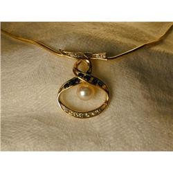 Estate 14K YG Sapphire Diamond Pearl Pendant #1090064