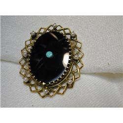Estate 14K Onyx Opal Seed Pearl Pin Pendant Pin#1090071