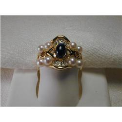 14K Diamond Cabochon Sapphire Pearl Ring Band #1090072