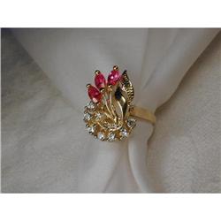 Estate 14K YG Ruby Diamond Filigree Flower Ring#1090077
