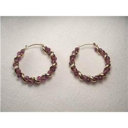 Estate 14K YG Gold Amethyst Hoop Earrings Hoops#1090078