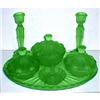 Image 1 : Green Depression Glass Ornate Deco Vanity Set #1096401