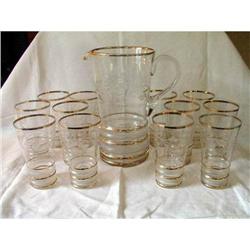 Etched Glass Pitcher and 12 Glasses Gold Trim #1104458