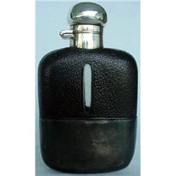 19C GENTS WHISKY  FLASK - SILVER LEATHER GLASS #1105557
