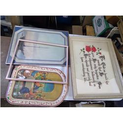 3 PICTURES IN FRAMES AND ONE WOODEN PINK FRAME