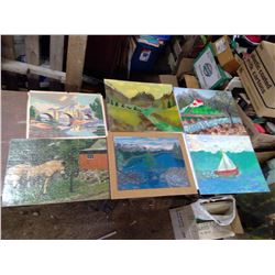 5 HAND PAINTED CANVASES AND ONE LAMINATED PUZZLE PICTURE