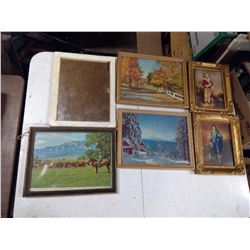 5 FRAMED PHOTOS AND ONE FRAMED MIRROR