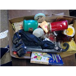 BOX OF MISC, UMBRELLA, COLEMAN BEER COZY, PRIZE RIBBONS, ECT.