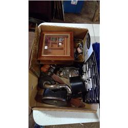 BOX OF MISC, JEWELERY BOX, GRAMMAPHONE PIECES, ECT.