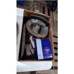 BOX OF MISC, CREAM CAN LID, GALAXY RUMPUS SET, ECT.