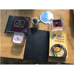 BOX OF BOOKS + CANDLE HOLDERS +CUPS