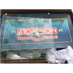 MONOPOLY GAME + GLASS CHESS BOARD W/ CHESS PIECES + SHOT GLASSES