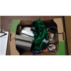 MISC BOX INCLUDES FISH BOWL, CASSETTES IN CASE, PILSNER FLAG, ECT.