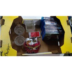 BOX OF BLU-RAY DISCS, GLASSWARE, CREAM AND SUAGR, PLUS MATCHING FLOWER POT, MASKS.