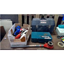 TUFF-BOX TOOL BOX, MAKITA DRILL, SANDER,BOX OF 2 DRILLS AND SAW BLADES, ECT.
