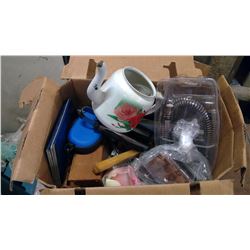 MISC BOX. SHOWER HEAD HOSE, WOODEN COINBANK, CASSETTES, CDs, ECT.