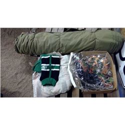 BLANKETS, ROUGHRIDER SWEATER AND LARGE ROLL OF INSULATED CANVAS