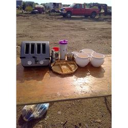 T-FAL TOASTER + COFFEE MUGS +WHITE GLASS CANDY/DISPLAY JARS
