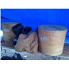 Image 1 : 2 CIRCLE WOODEN STORAGE BOXES + WINTER BOOTS SZ: 11 + COVERALLS SZ: 3XL