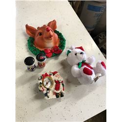 X-MAS CLOCK+STUFFED WHITE BEAR+SALT AND PEPPER SHAKERS