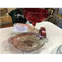 RED SERVING PLATE W/ RED TALL BOWL + GLASSES CASE + ETC