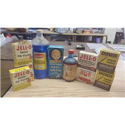 VINTAGE JELL-O PUDDING BOXES (FULL), GLASHINE WINDOW CLEANER, LIQUID BLUEING