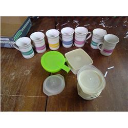 A LOT OF MULTI COLORED MUGS WITH CONTAINERS