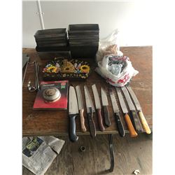 BEE FARMER SIGN, BAKING PANS , HOOKS , KNIVES , DOOR HINGES