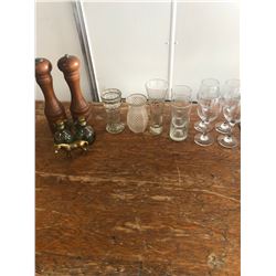 WOODEN SALT AND PEPPER SHAKERS + GLASS CUPS + VINEGAR BOTTLES + BRASS HORSE
