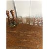 Image 1 : WOODEN SALT AND PEPPER SHAKERS + GLASS CUPS + VINEGAR BOTTLES + BRASS HORSE