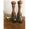 Image 2 : WOODEN SALT AND PEPPER SHAKERS + GLASS CUPS + VINEGAR BOTTLES + BRASS HORSE