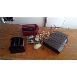 BASKET OF STRAPS + 3 COMPUTER MOUSES + RCA REMOTE + BELL TV BOX