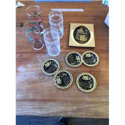 14 GOBLETS + 5 LITTLE TRAYS/ASHTRAYS + AVON 1886-1986