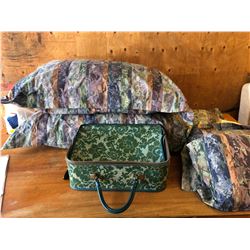 4 PILLOWS + A BED SKIRT + A SUITCASE