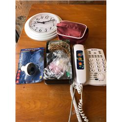 CLOCK + CURTIS PHONE + CORDS + SHOWER HEAD + ECT